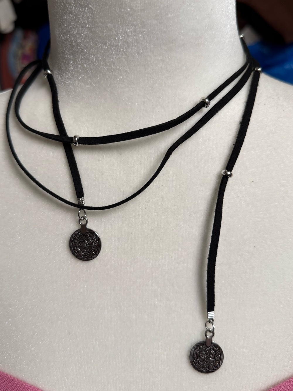 Leather Beaded Coin Charm Lariat Necklace